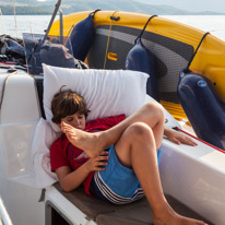 Perigiali - 20 August 2017 / Oscar reading on the boat. settling in...